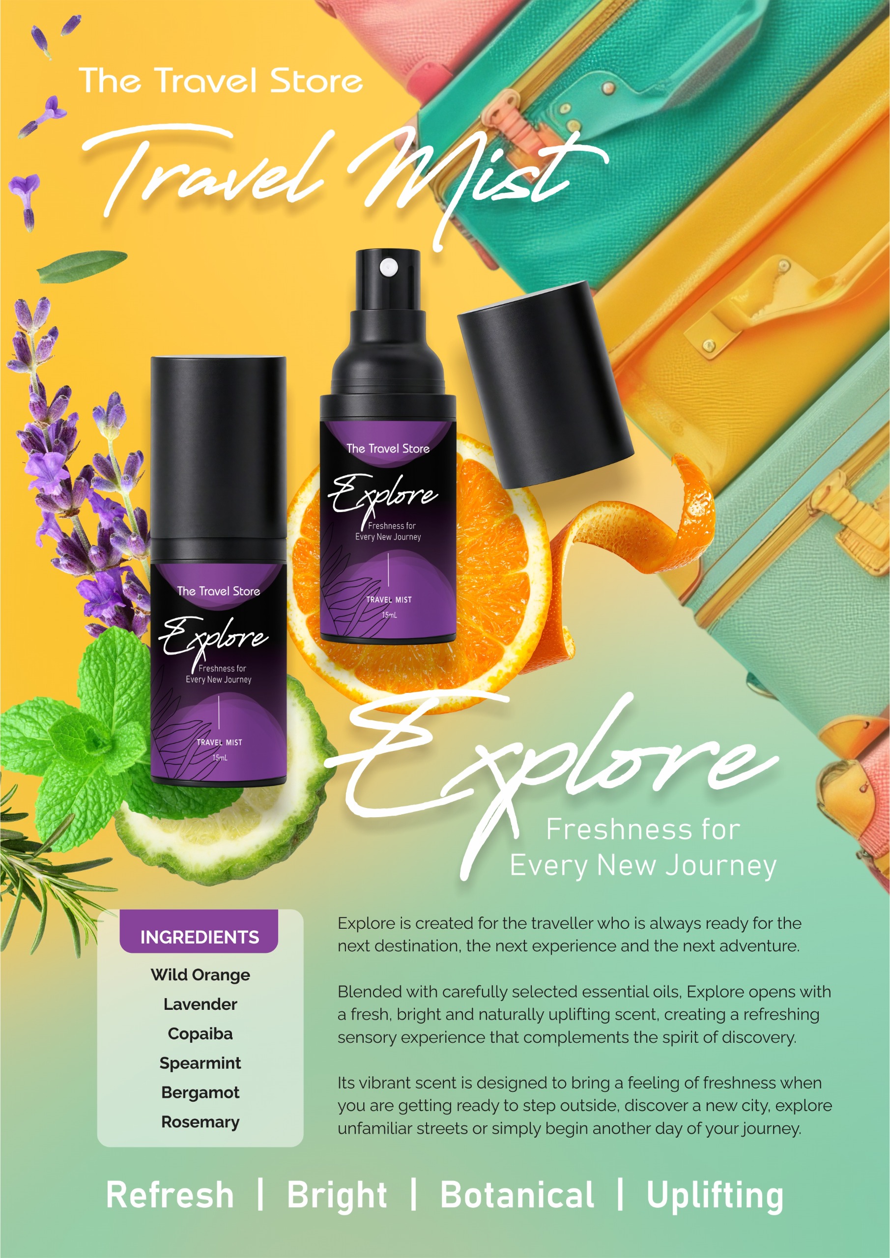 Travel Mist Explore product poster with its ingredients and scent description