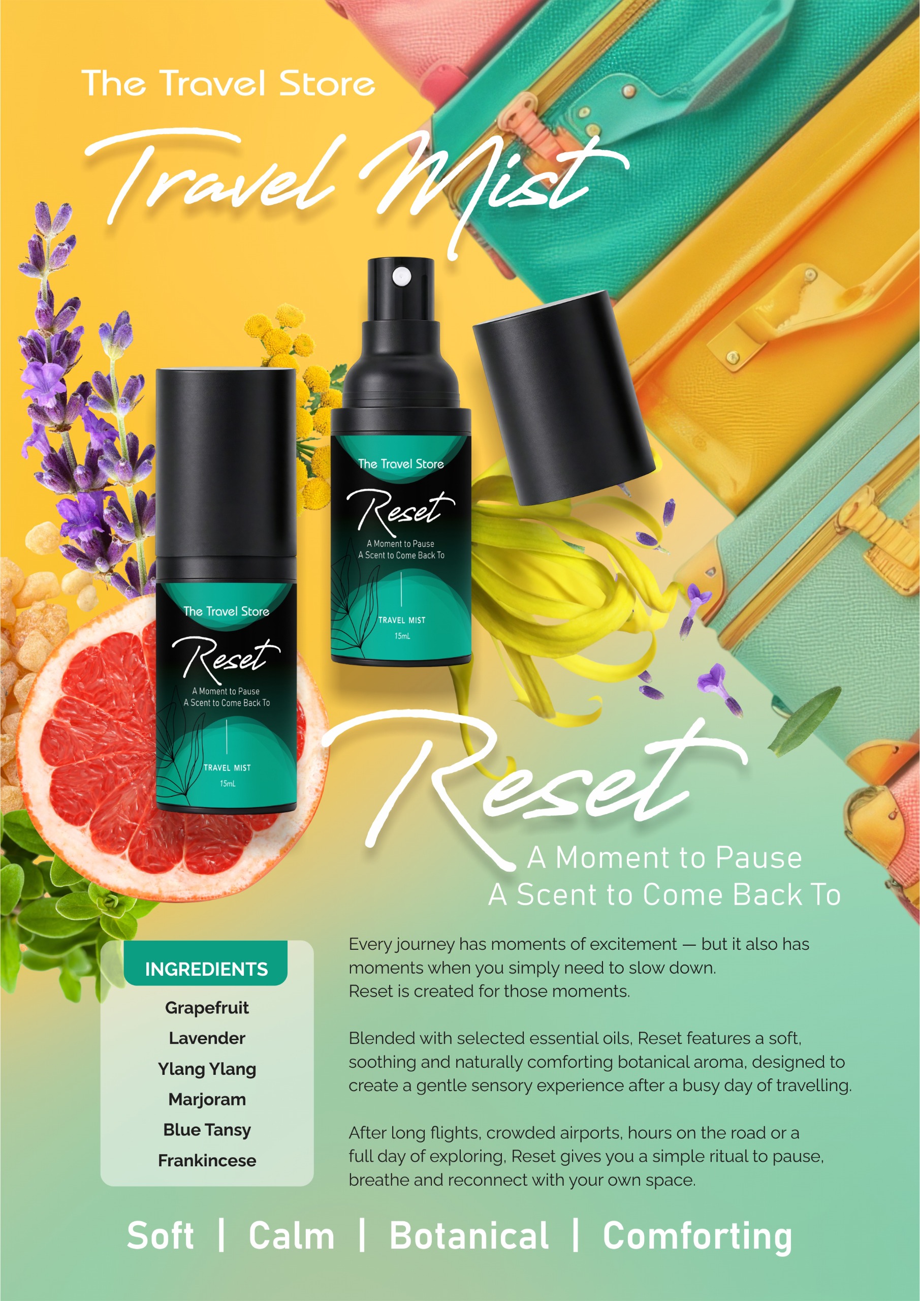 Travel Mist Reset product poster with its ingredients and scent description