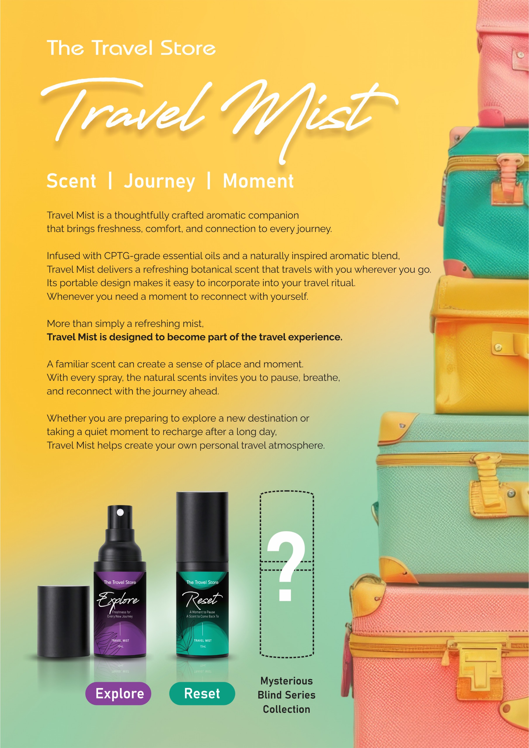 Travel Mist collection overview featuring Explore, Reset and the mystery series